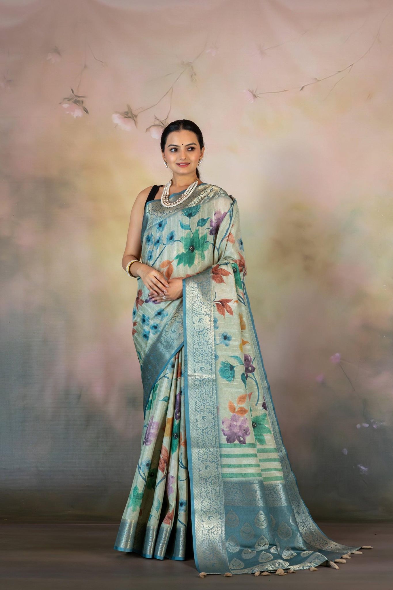 Multicolor Floral Print Jacquard Saree