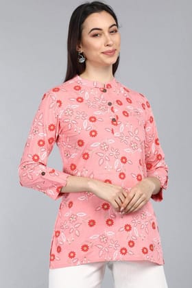 Pink Cotton Floral Print Regular Tunic Top VT1103