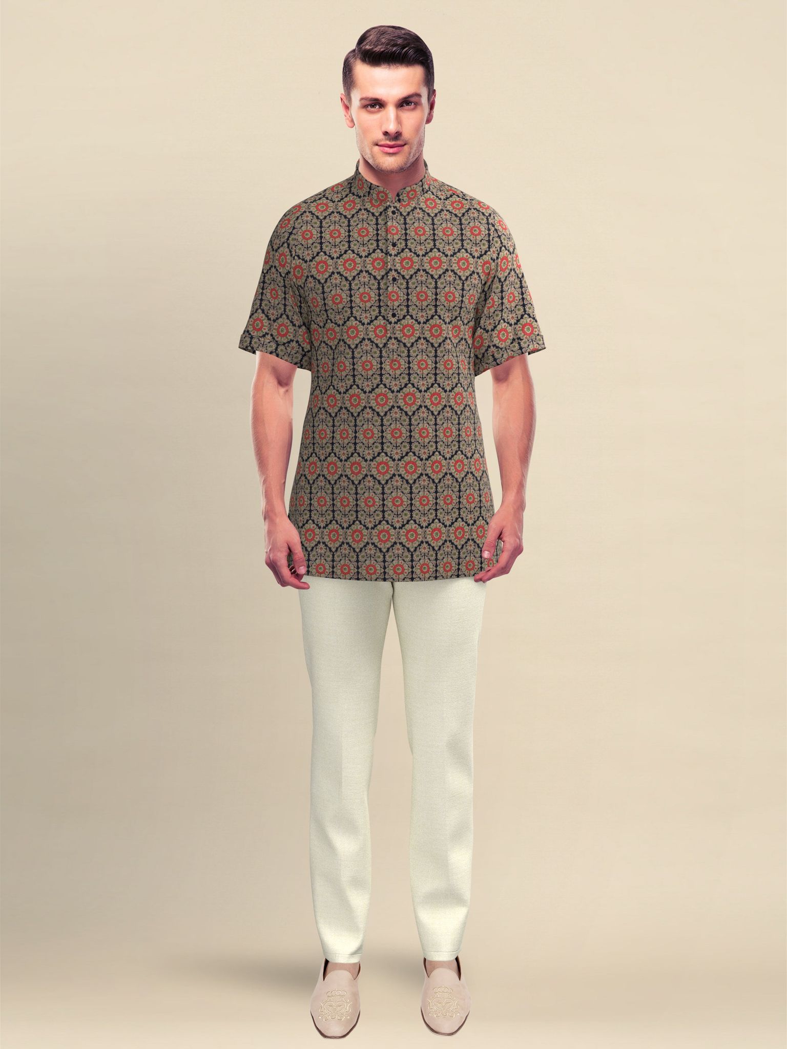 Navy Sanganeri Printed Short Kurta-M/40 / Only Kurta - No Lowers