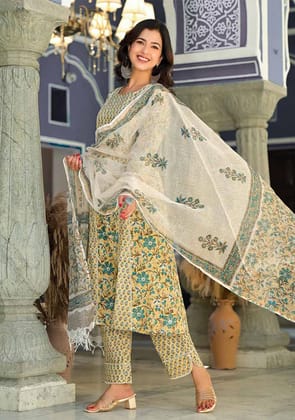 Citrus Breeze Handblock Print Suit Set with Kota Dupatta-S