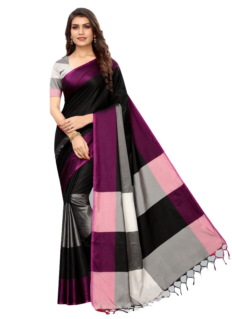 Generic Women's Cotton Silk Saree with Blouse (Black, 5 - 6 Mtrs)