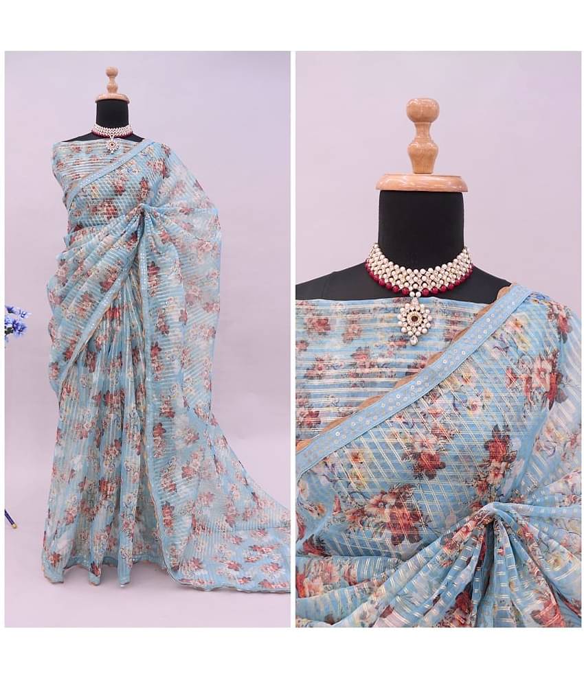 Gullak Organza Printed Saree With Unstitched Blouse Piece ( Blue )