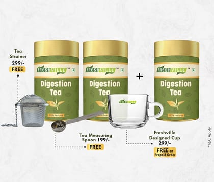 Freshville Digestion Tea | Pure & Natural | Prevent Heartburns | Immunity Booster | Tea for Weight Loss | Ginger, Fennel, Ajwain, Mint, Senna leaves, Rose petals, Bay leaves, Green tea Tin (