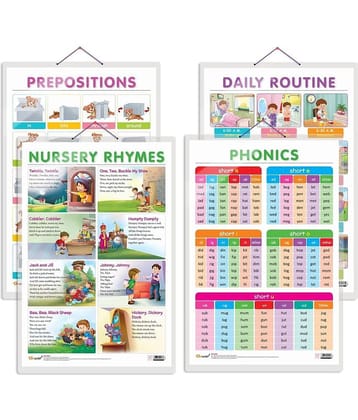Set of 4 DAILY ROUTINE, NURSERY RHYMES, PREPOSITIONS and PHONICS - 1 Early Learning Educational Charts for Kids | 20"X30" inch |Non-Tearable and Waterproof | Double Sided Laminated | Perfect for Homeschooling, Kindergarten and Nursery Students
