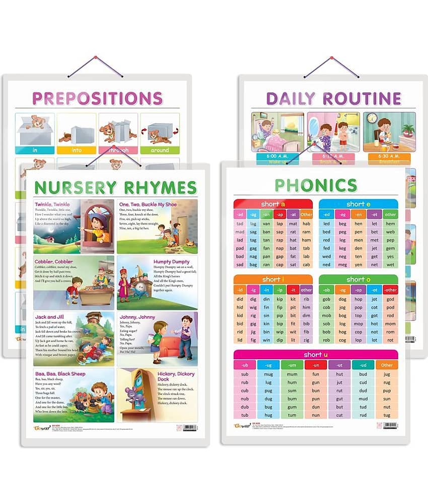 Set of 4 DAILY ROUTINE, NURSERY RHYMES, PREPOSITIONS and PHONICS - 1 Early Learning Educational Charts for Kids | 20"X30" inch |Non-Tearable and Waterproof | Double Sided Laminated | Perfect for Homeschooling, Kindergarten and Nursery Students