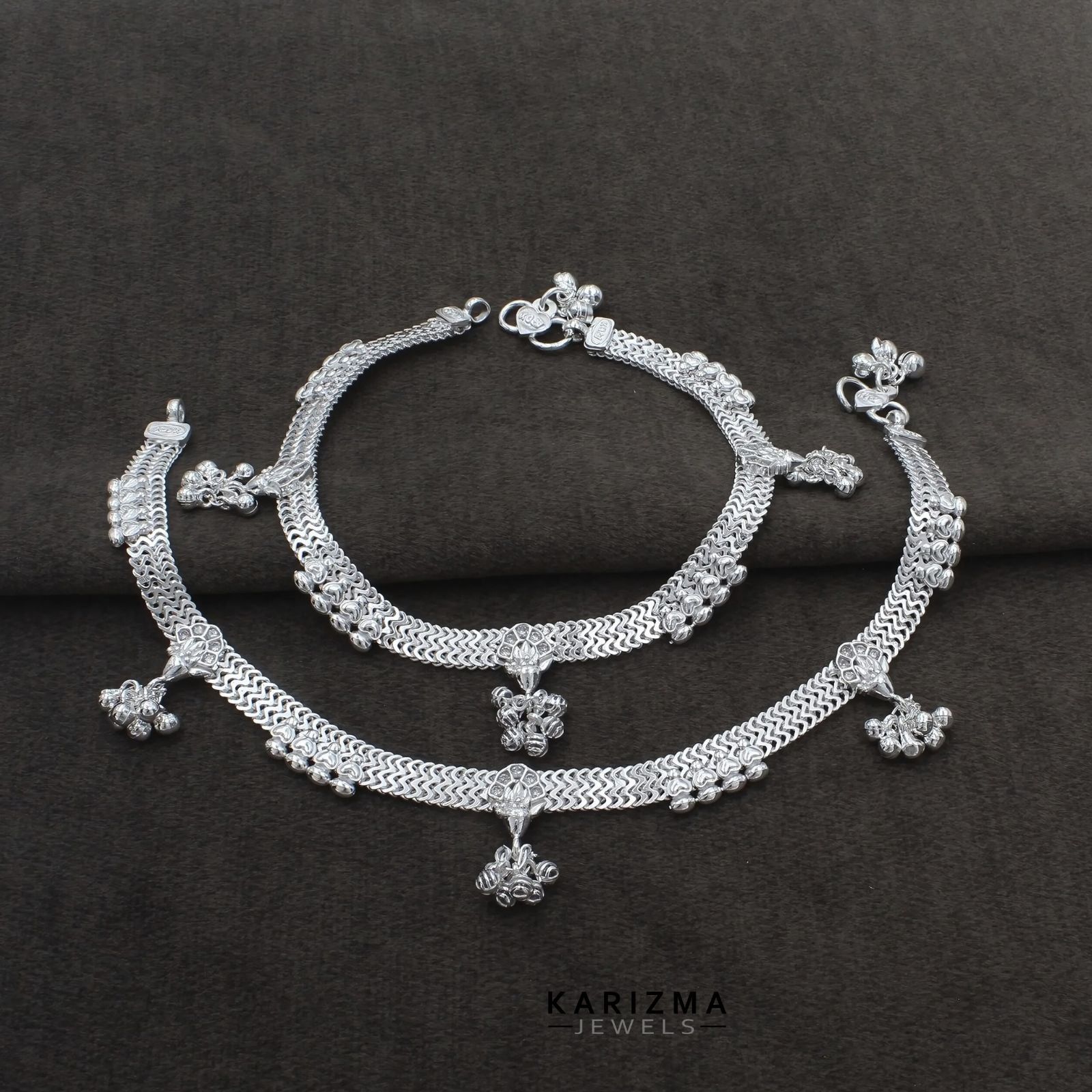 Real Sterling Silver Indian women White CZ  party wear Anklets Ankle Pair 10.3"