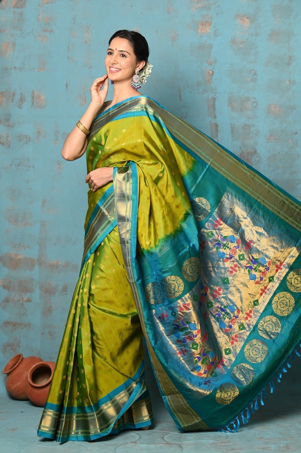 Tyohaar ~ Exclusive Handloom Pure Silk Paithani With Contrast Pallu ~ Moss Green & Teal