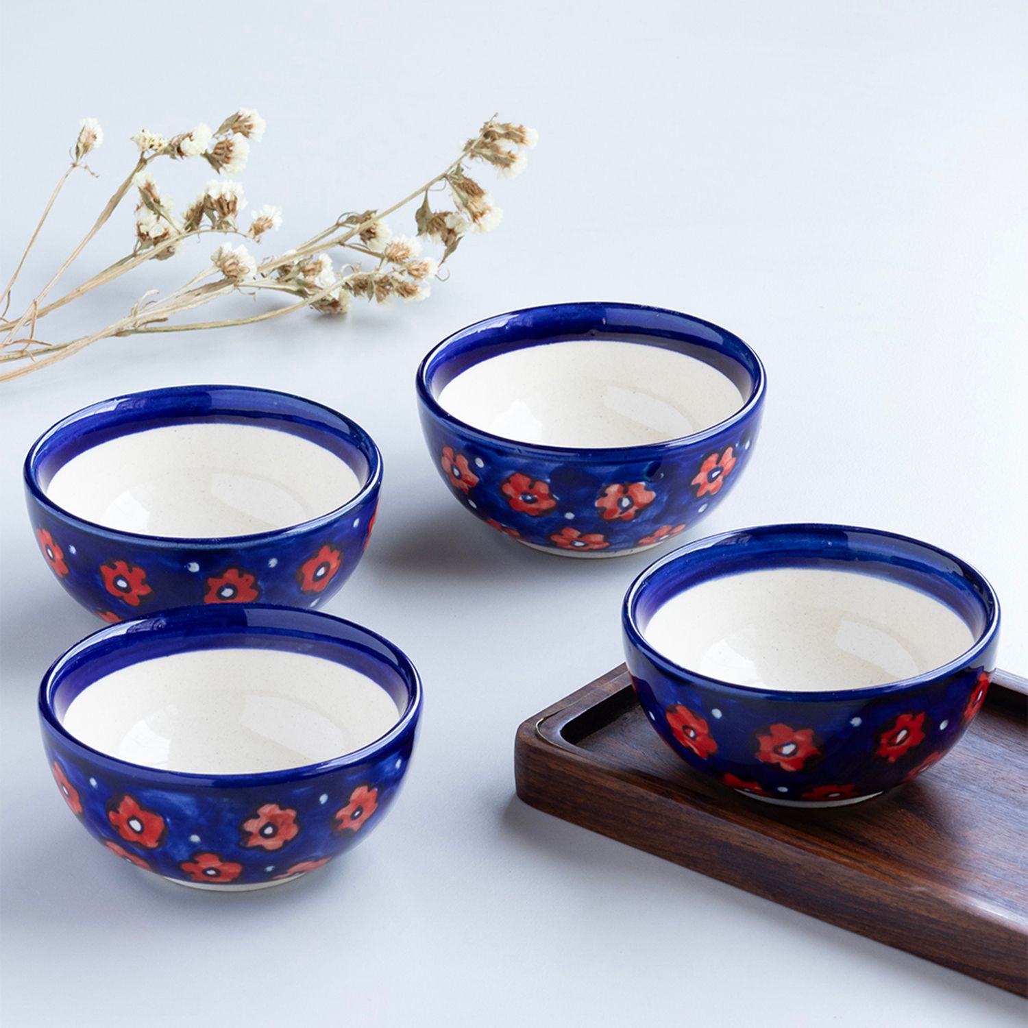 Blooming Plants Red & Blue Ceramic Katori Bowl / Portion Bowl Set of 4 (220 ML)