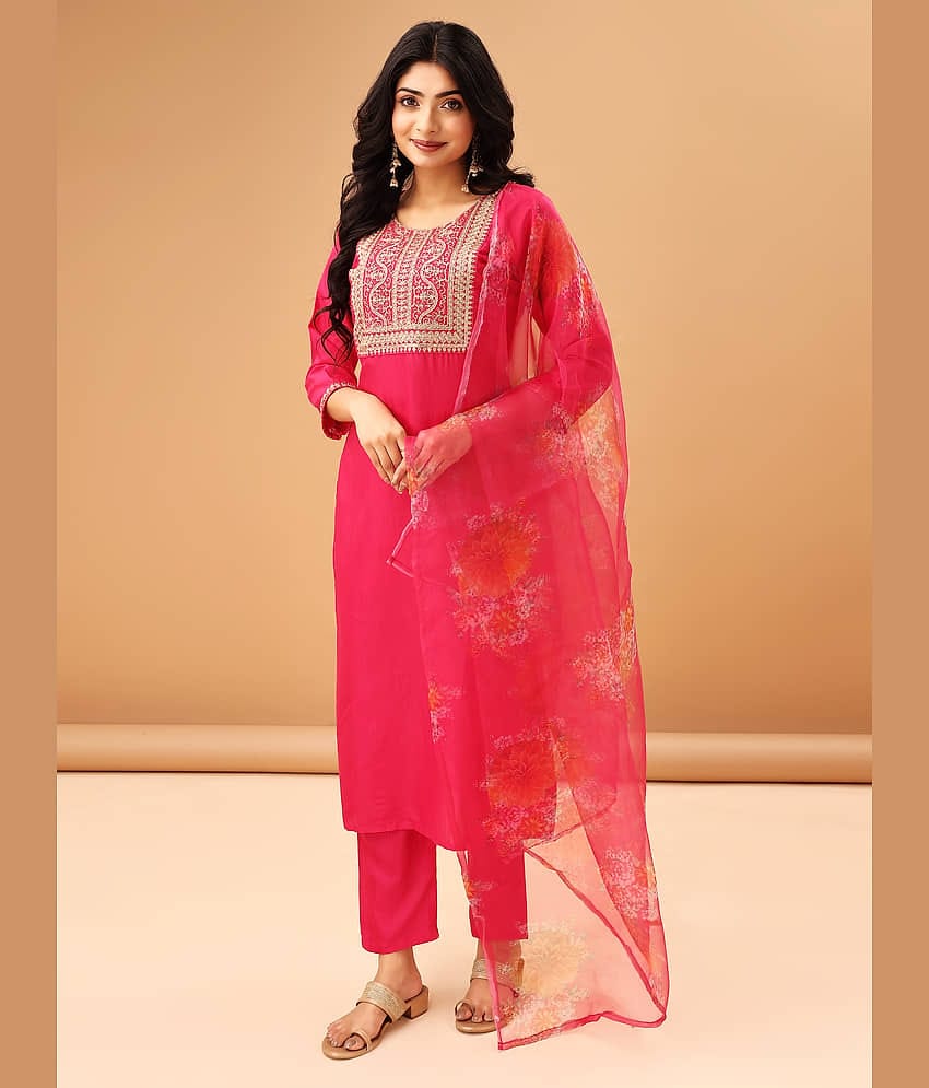 TRAHIMAM Cotton Blend Embroidered Kurti With Pants Women's Stitched Salwar Suit - Pink ( Pack of 1 )