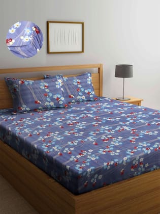 Grey & White Floral 300 TC King Bedsheet with 2 Pillow Covers