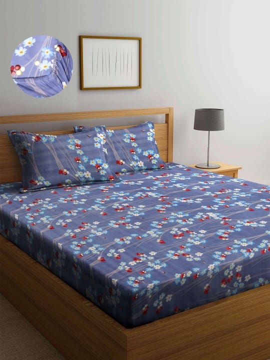 Grey & White Floral 300 TC King Bedsheet with 2 Pillow Covers
