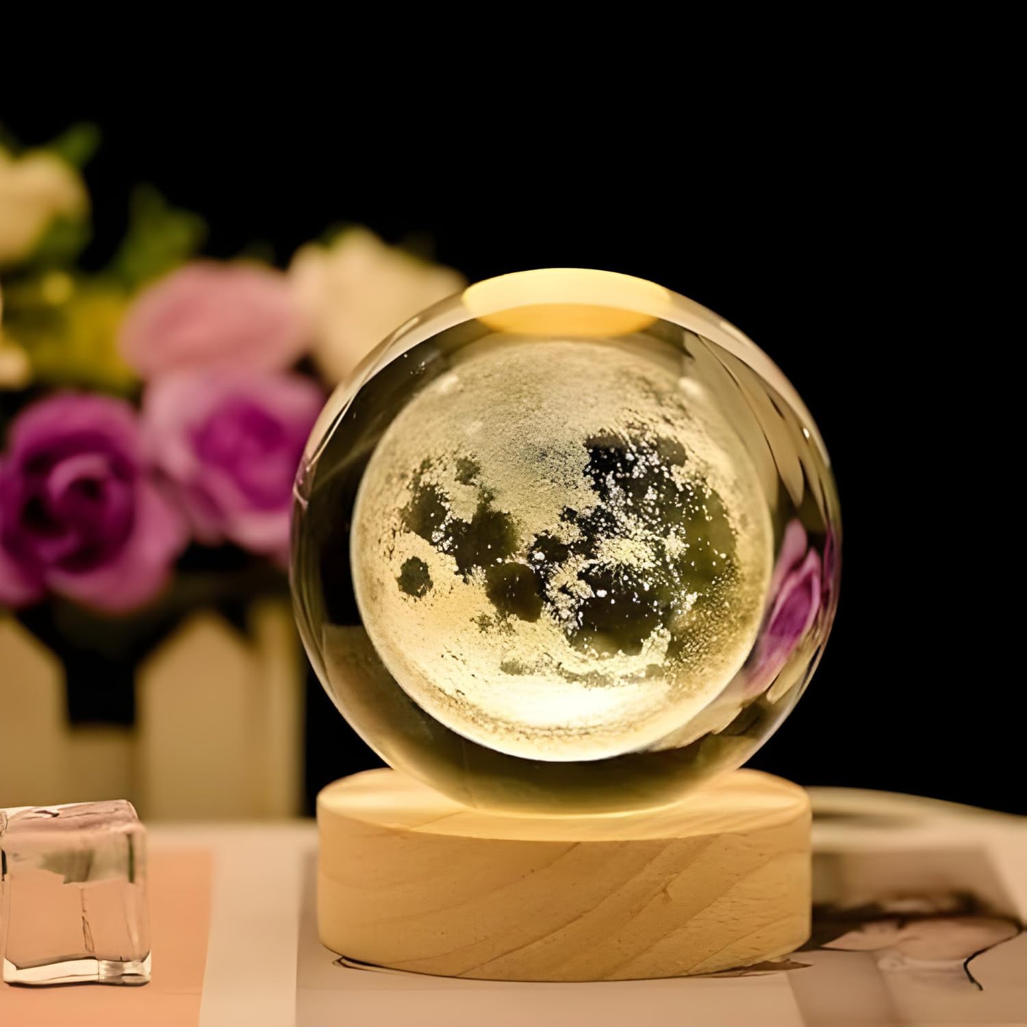 3D Moon Crystal Ball LED Night Lamp with Wooden Base - Home Decor Gift