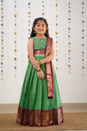 KIDS HALF SAREE LEHENGA - PERROT & PINK-2