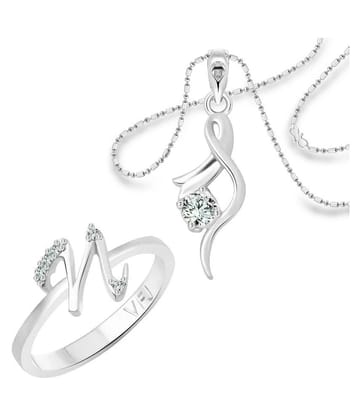 Vighnaharta N Alphabet Ring with Solitaire Pendant (1188FRR-1214PR) CZ Gold and Rhodium Plated Alloy Combo set for Women and Girls- VFJ1166RPR8 - None