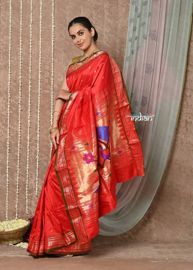 Tyohaar ~ Handloom Pure Silk Paithani Saree with Handcrafted Peacock Pallu ~ Bright Red (By Government Certified Weavers) - Sarees | Buy online on ZillyBuy