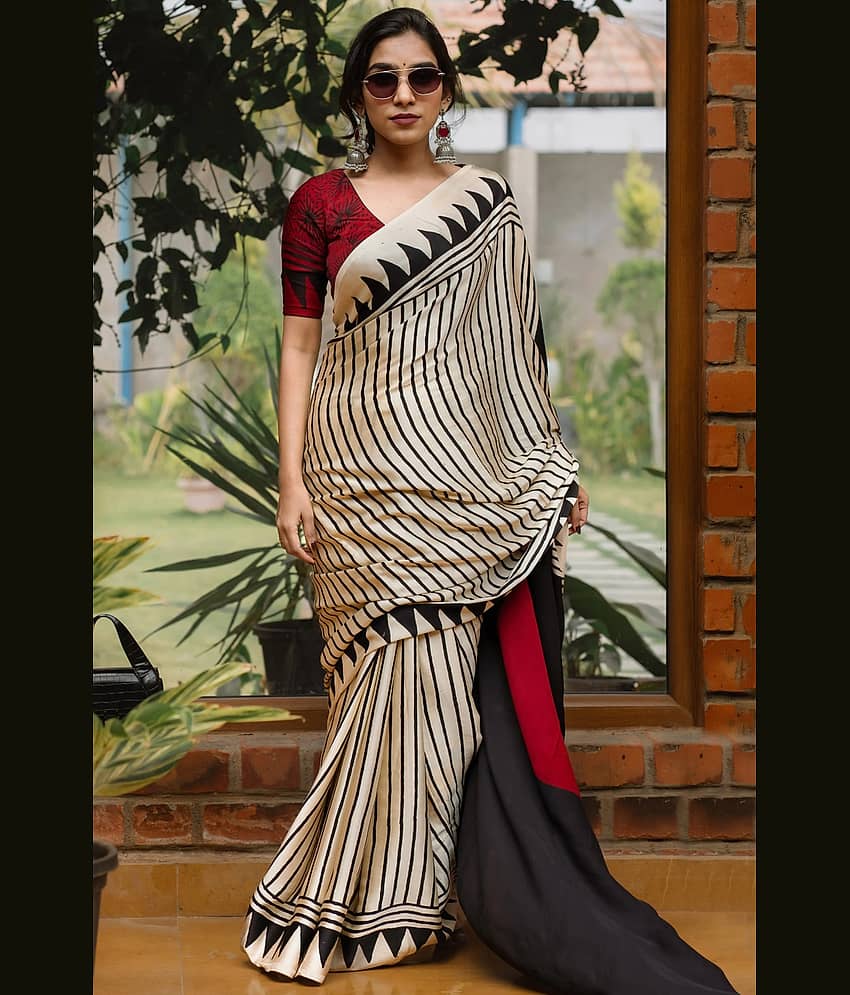 Yashika Silk Blend Printed Regular Saree With Unstitched Blouse Piece ( Cream )