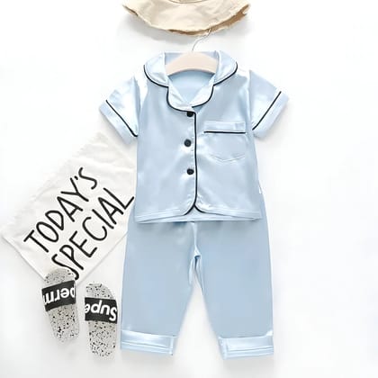 Sky Blue Satin Co-ord Set for Boys and Girls-0-1 year