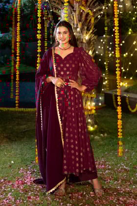 Purple Balloon Sleeves Suit Set-S