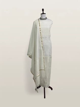 Chikankari Mul Chanderi Dress Material White on White Jaali