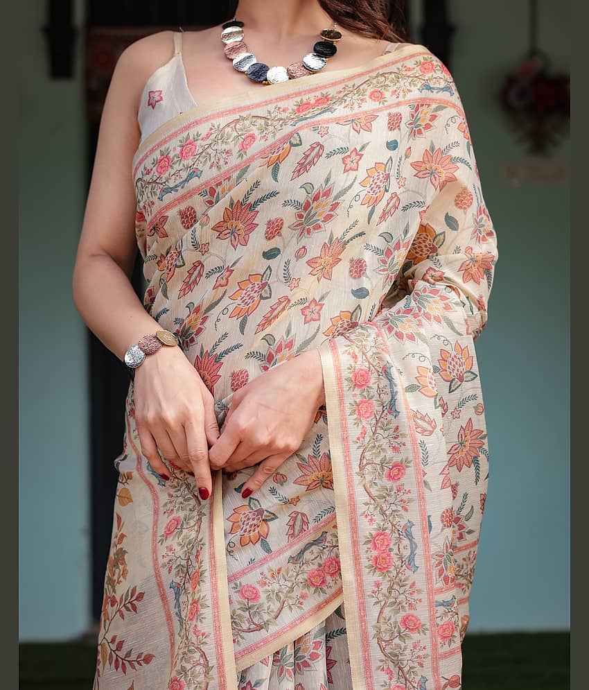 Almaari Fashion Cotton Blend Printed Saree With Stitched Blouse ( Multicolor )
