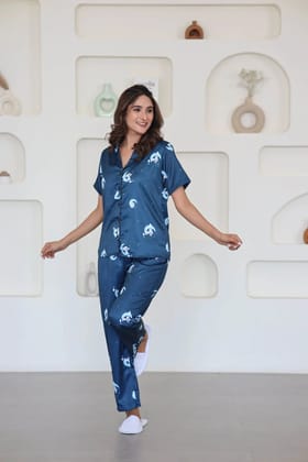 Night Wear Satin Satin Teal Blue Color  Night Suit-s