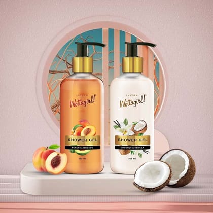 LAYER'R WOTTAGIRL! SHOWER GEL COMBO| PEACH & AVOCADO + COCONUT & VANILLA | 300ml Each