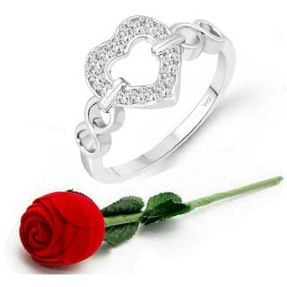 Vighnaharta Silver Plated Classic Proposal Heart Ring Girls Valentine Gift Rose Ring