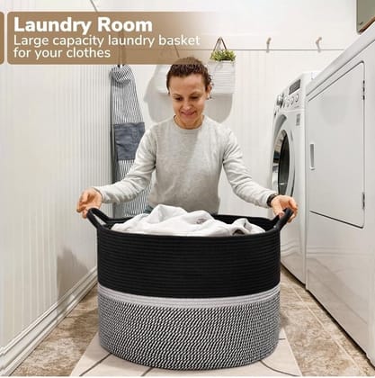 Generic Cotton Dori 16x14 Inch Storage Basket For Clothes With Out Lid (Black-Black-White)-PID66404