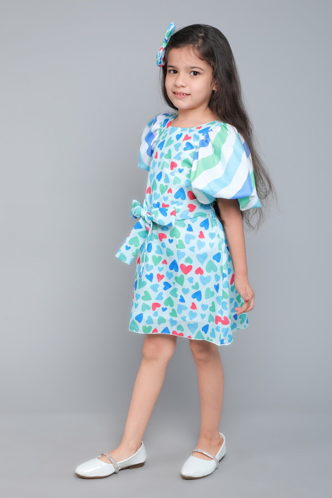 PinkChick Puff Sleeves Aline Dress With Matching Bow Clip -Blue-1-2Y / Blue