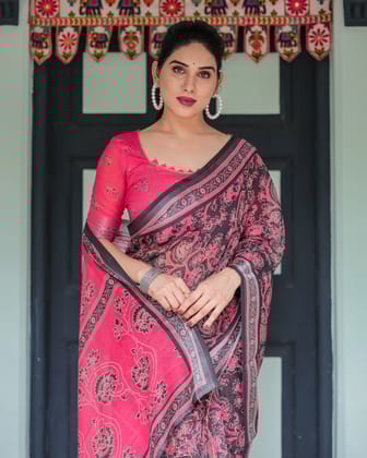 Pure Cotton Linen Saree in Black and Pink with Floral Print and Tassels-Regular