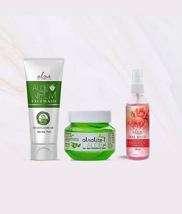 Alna Aloe Neem Face Wash 75ml with Alnalite-T Aloe Gel 100gm & Rose Water 100ml , Pack of 3