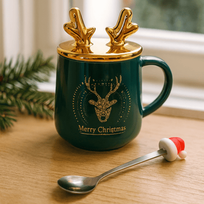 Merry Christmas Ceramic Mug with Golden Reindeer Lid & Santa Spoon – Festive Gift (400 ml)