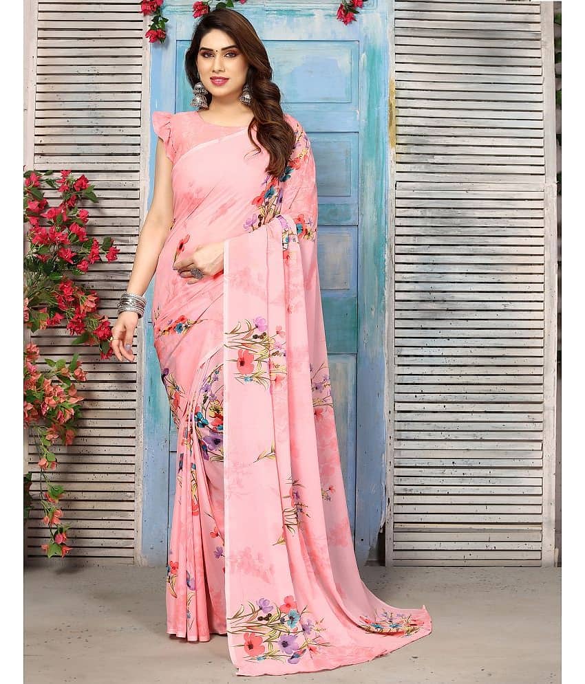 Samah Georgette Printed Saree With Unstitched Blouse Piece ( Light Blue )