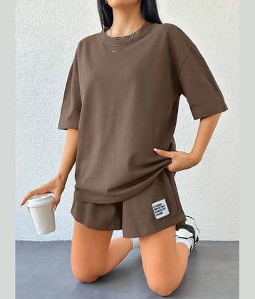 Christy World Women Solid T-Shirt With Shorts Co-Ord Set ( Brown )