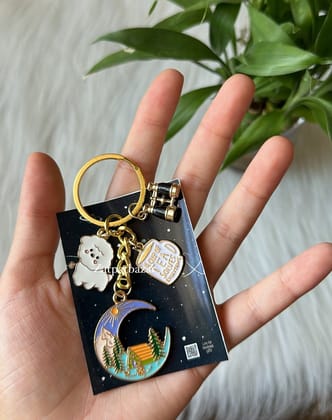 Mountain Camping Charm Keychain-Mountain Camping with Coffee , Initial and Camera ( Replacement of Binoculars )