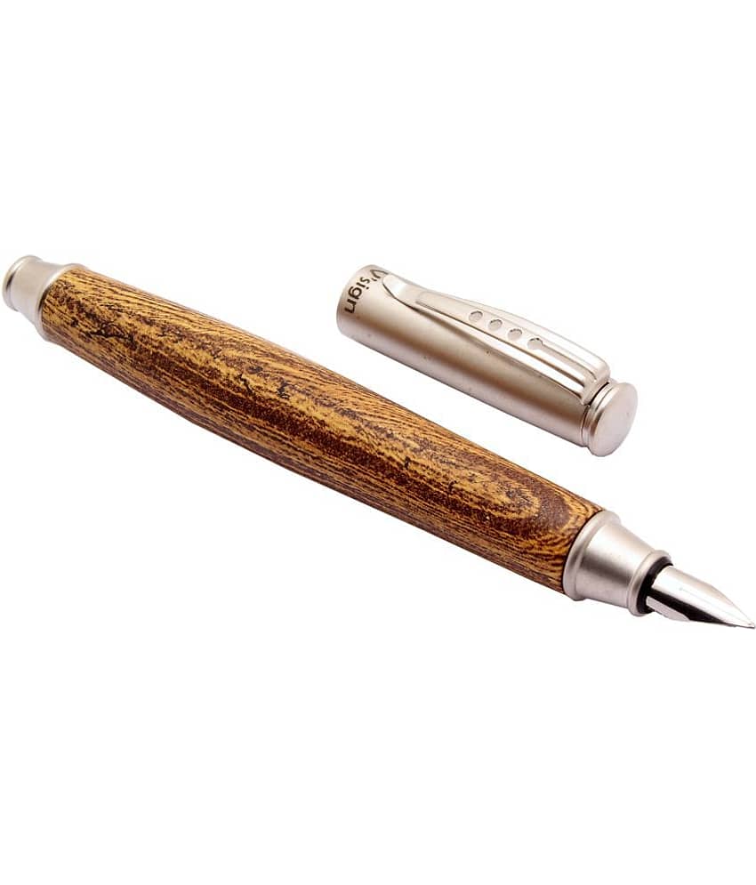 Srpc Vsign Fiorella Wooden Texture Body Fountain Pen With Satin Silver Metal Cap