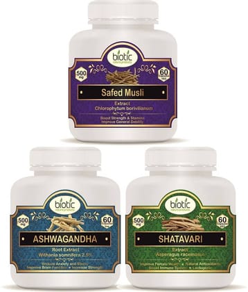 Biotic Safed Musli, Ashwagandha and Shatavari Capsules 500mg Extract 180 no.s