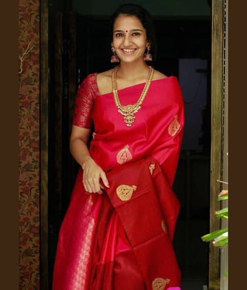 Prijari Art Silk Woven Kanjeevaram Sarees With Unstitched Blouse Piece ( Red )