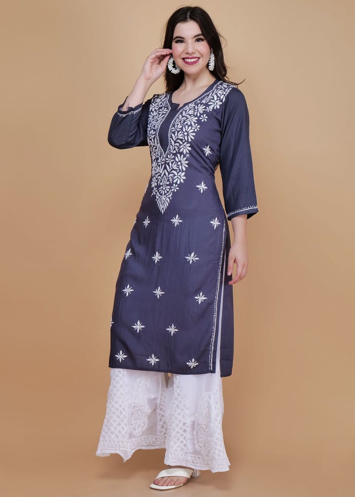 Chikankari Hand-Embroidered Rayon Straight Kurta Grey
