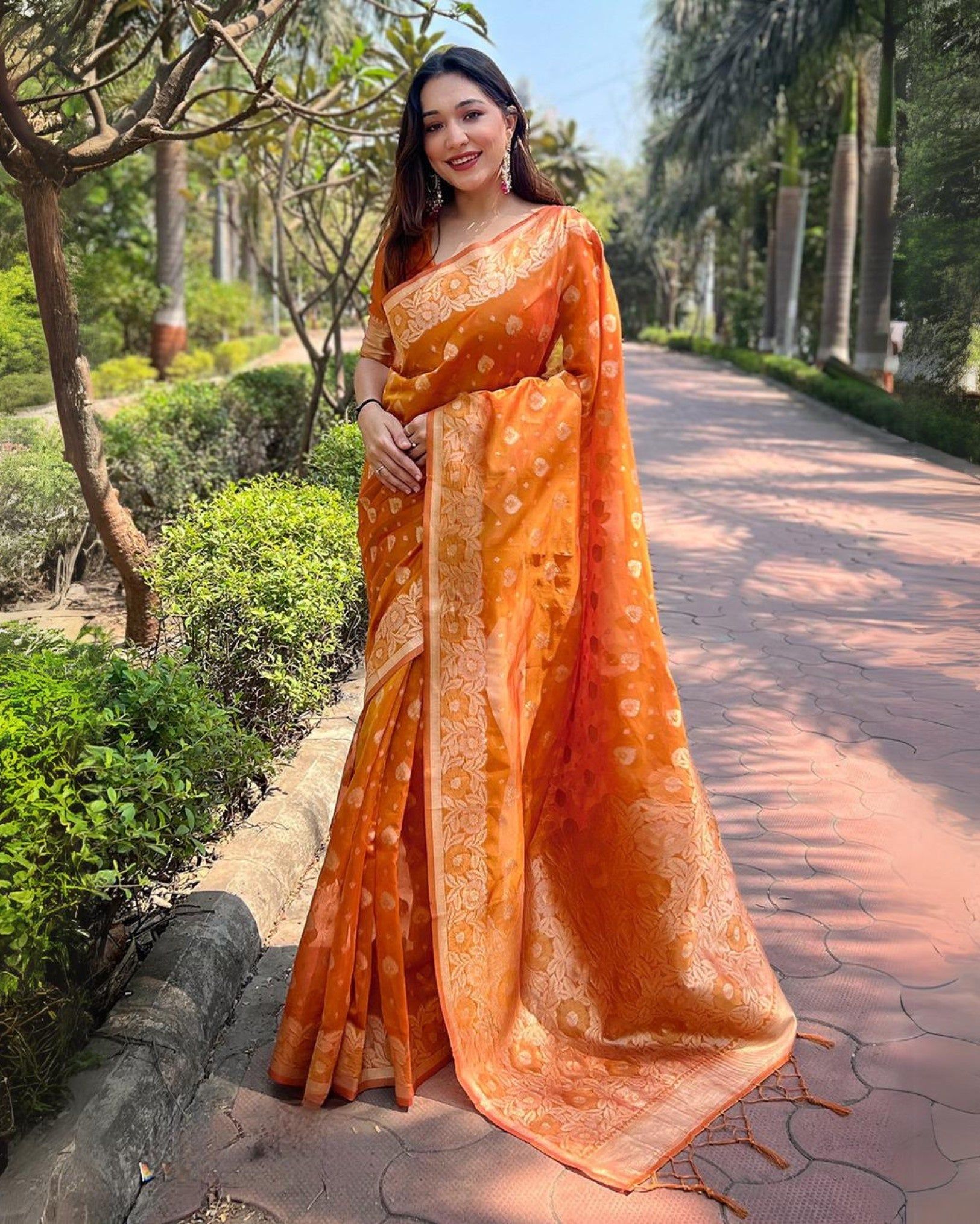 Satrangi Re Dual Zari Woven Organza Silk Burnt Orange Saree