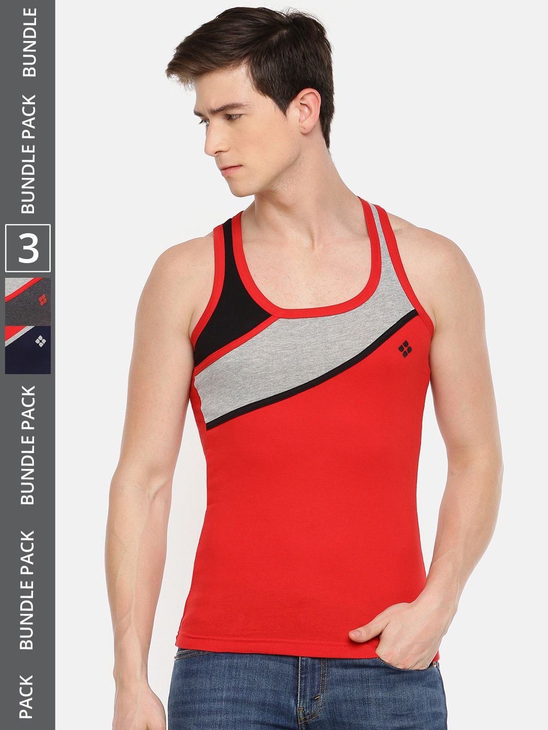 Men's Assorted Pack of 3 Solid Combed Cotton Racerback Styled Gym Vest