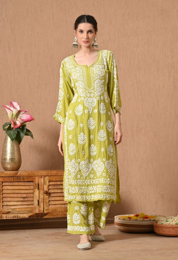 Hand Embroidered Chikankari Modal Plazo Set with 3D Floral Work-Sea Green