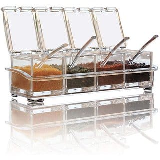 K Kudos Seasoning Acrylic Box Pepper Salt Spice Rack Plastic 4 Box with Spoons Kitchen See Through Storage Containers