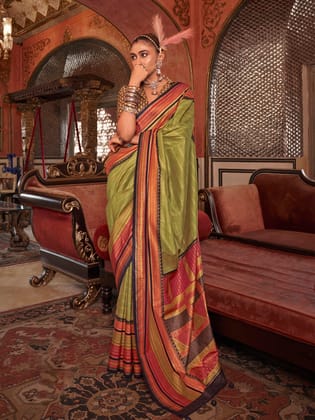 ParrotGreen Soft Silk Stripped Patola Saree For Women