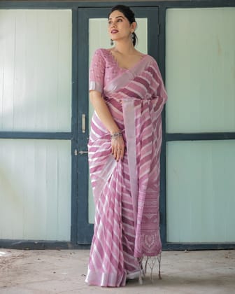 Purple Chevron Print Pure Cotton Linen Saree with Blouse and Tassels-Regular