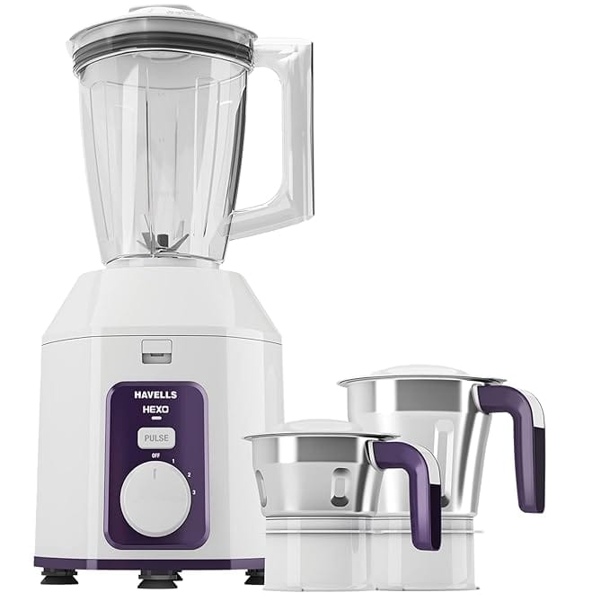 Havells Acrylonitrile Butadiene Styrene Hexo Blend Mix 1000 Watts With 3 Jar Blender (White & Purple),Ghfmgcbv100