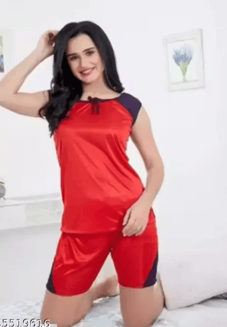Stylish Women's & Girl's Red Soft Satin Fabric Nightwear Night Suit/Night dress
