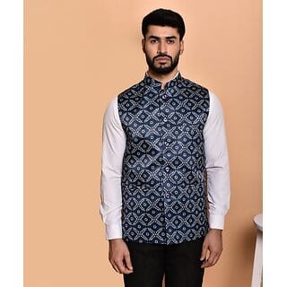 PrintCulture Men Printed Blue Cotton Blend Nehru Jacket