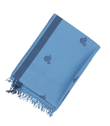 Light Blue Handloom Bengal Cotton Saree With Swan Buttas-Light Blue