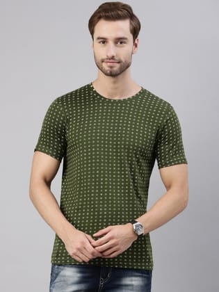 Olive Green Printed Crew Neck Tshirt-S